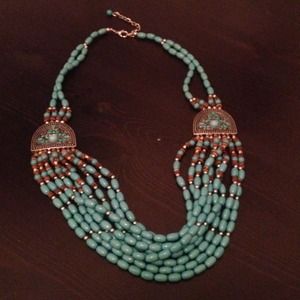 Blue, brown and silver color bead necklace