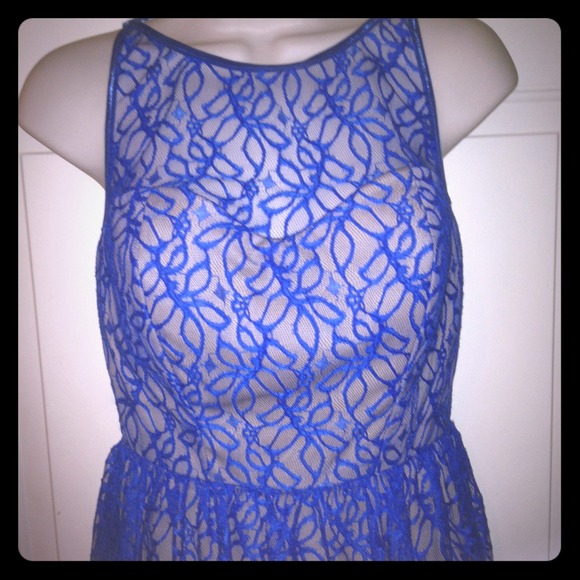 New Cobalt Blue lace over Taupe dress Size 5