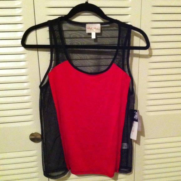 Mesh back tank, blue key hole top, red dress