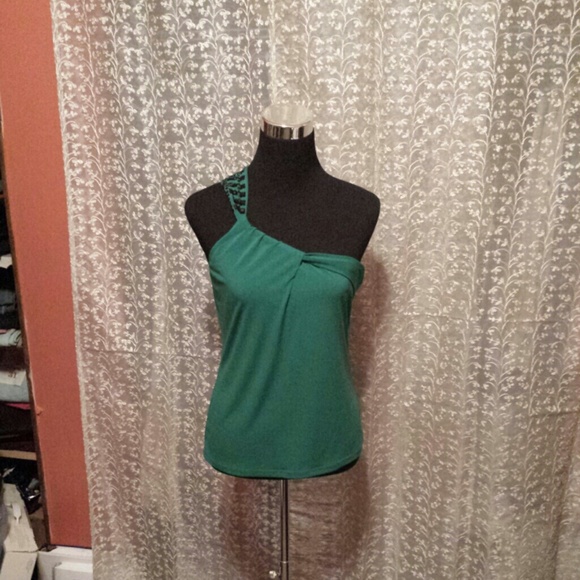 One shoulder green top