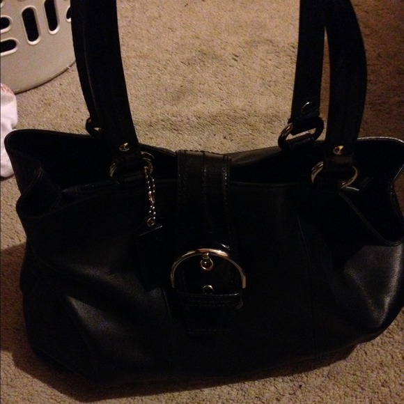 Large multi section black leather coach purse