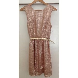 Blush sequin party dress with gold belt