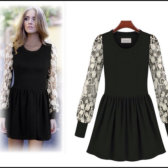 Little Black Dress With Sheer Lace Sleeves
