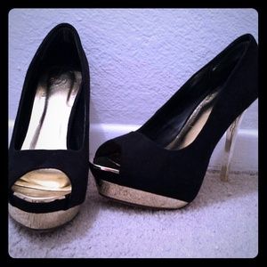 Black and gold platform heels