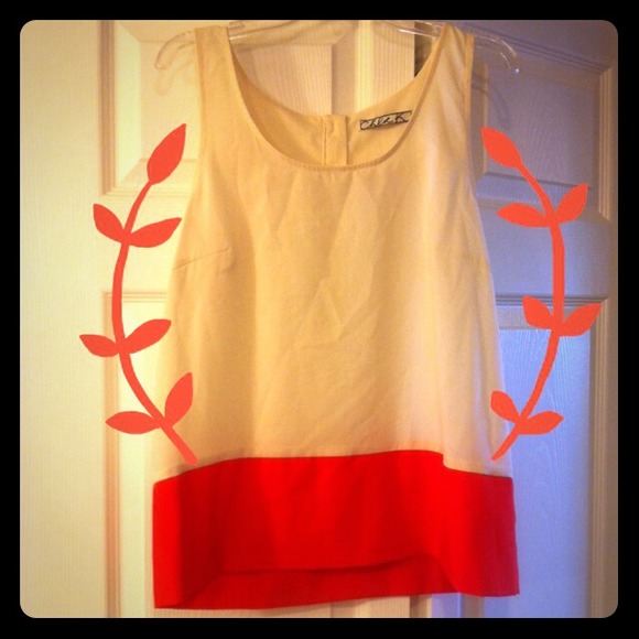 Sheer blouse, red color blocking, back buttons - Picture 1 of 3