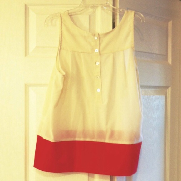 Sheer blouse, red color blocking, back buttons - Picture 3 of 3