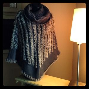 Real fur gray poncho shawl