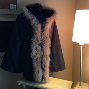 Gray cape shawl with raccoon fur