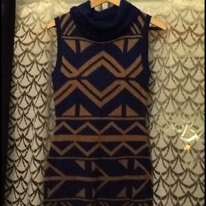 Royal blue and tan sleeveless sweater dress