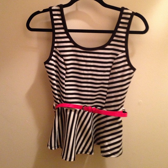 ❌ SOLD ❌ B/W Stripe Peplum Top With Red Belt