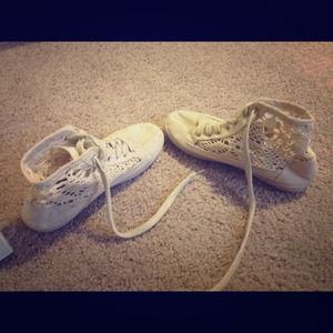 Tan, laced, see-thru sneakers