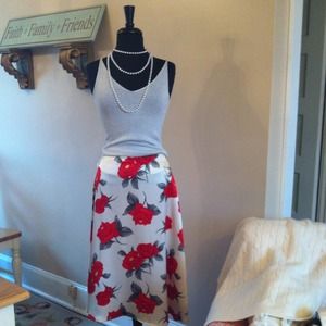 A-line rose print silk skirt