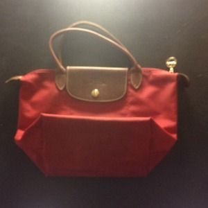 Red longchamp handheld tote
