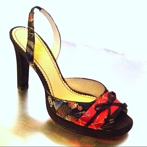 Embroidered silk metallic heels