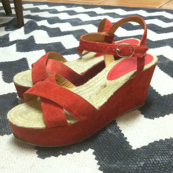 Red suede Wedge ankle strap heels UO