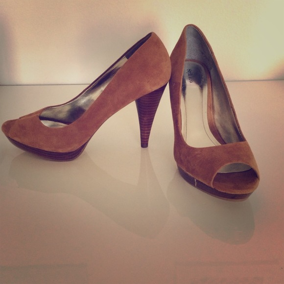 Work Appropriate Camel colored open toe pumps