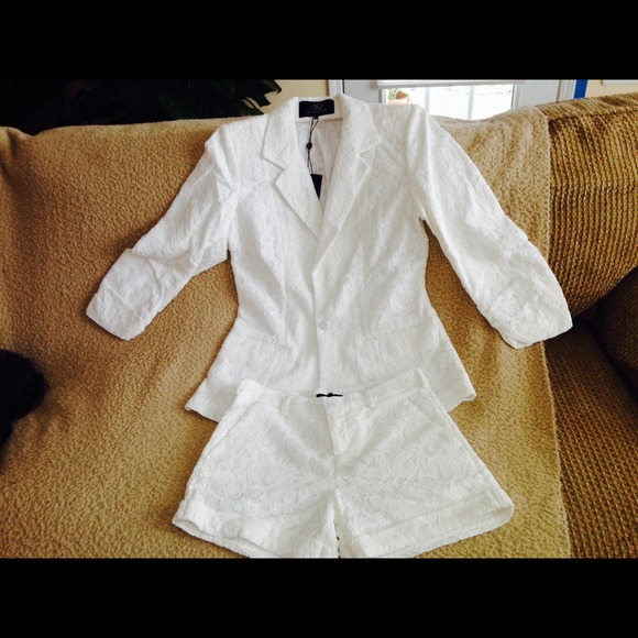 White lace blazer and short suit