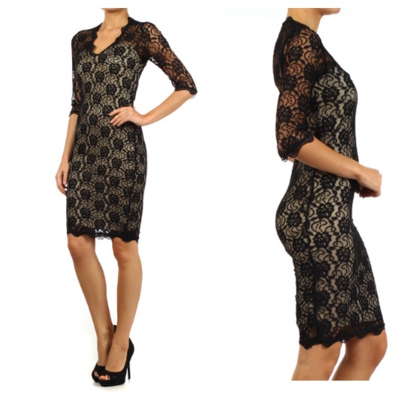 New Black Fitted Lace Dress
