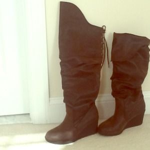 Brown lace up over the knee wedge boot