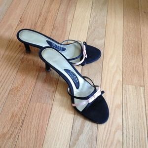Guess black and pink satin strappy sandals.