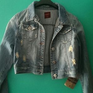 Distressed cropped denim jacket