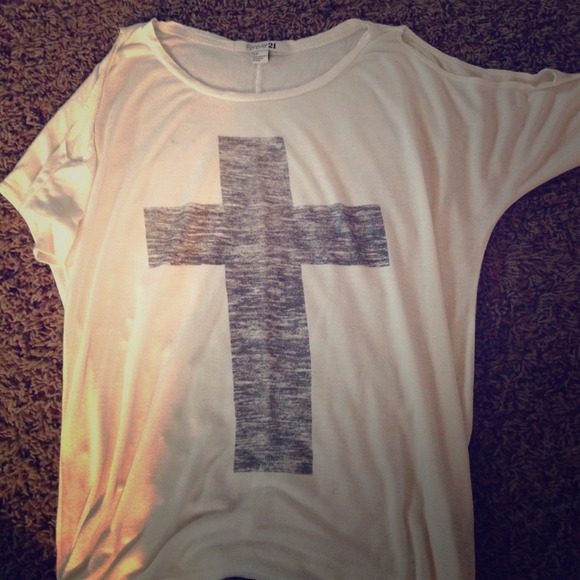 Shoulder-less white tee. With black cross.