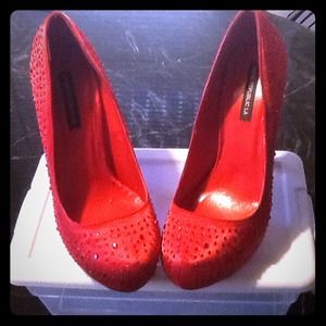 Red Rhinestone Satin Pumps