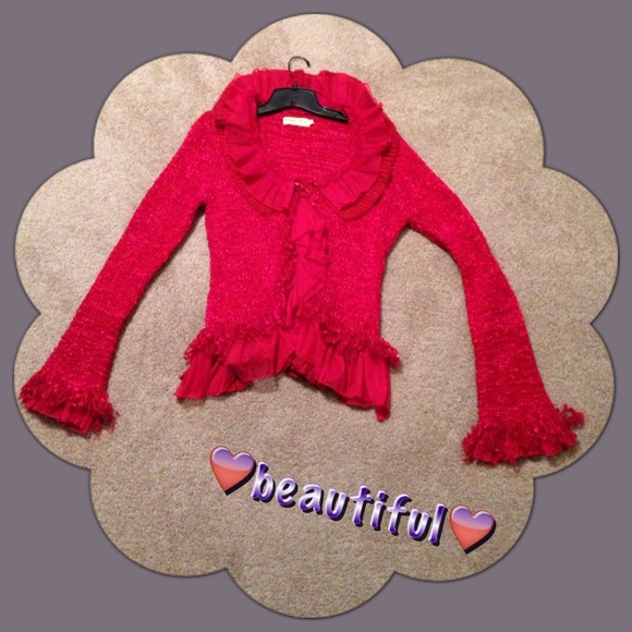 Red Crocheted Short Jacket with Ruffles