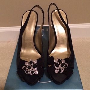 Nine West Black Satin Peep Toe Sling Backs