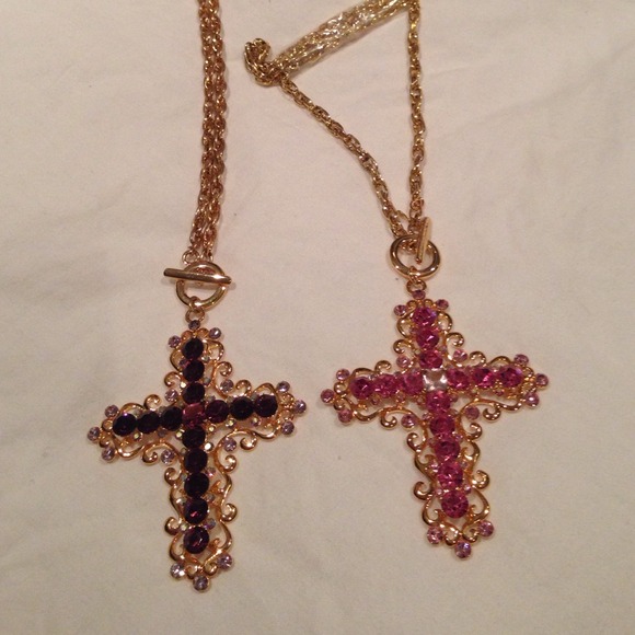 $15 each. Long gold cross crystal chain