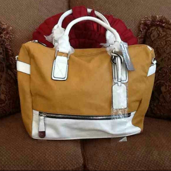 Camel brown&white purse, real leather