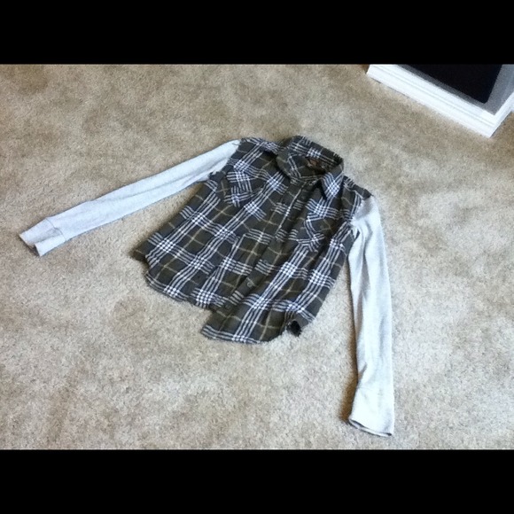 Green and grey flannel button down grey sleeves