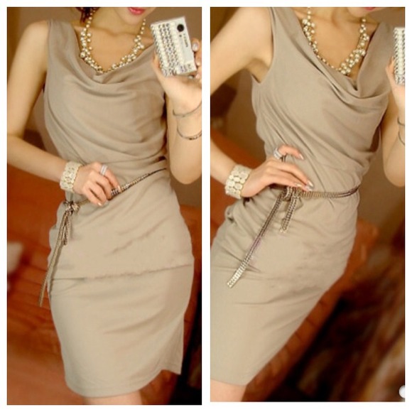 Draped Collar Slim Fit Dress with Chain Trim
