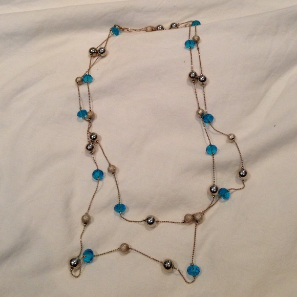 Long cyan blue crystal necklace