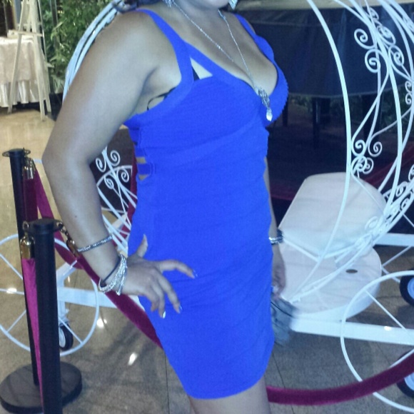 Blue bandage dress with pen back from bebe