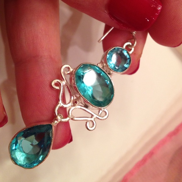 Silver Blue Dangle Earrings Created Topaz - Picture 2 of 2