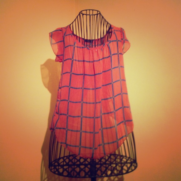 Sheer Orange and Blue Open-Back Blouse