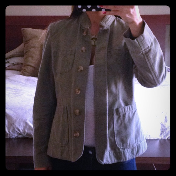 Green Gap Mandarin collar button-down jacket.