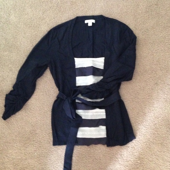 Cute Navy Cardigan with Striped Pseudo Shirt