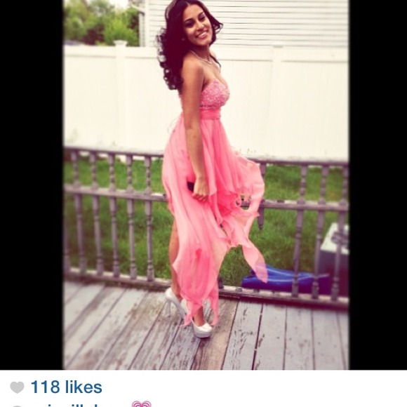 HIGH LOW PINK PROM DRESS WILL BUNDLE SLIVER PUMPS