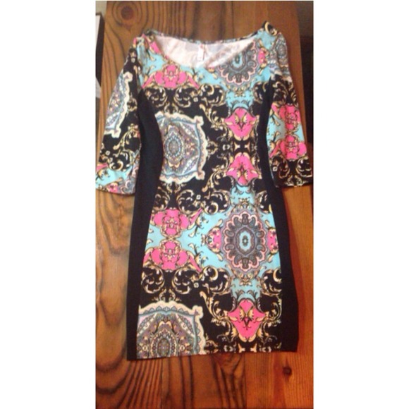 Pink, turquoise, black & gold bodycon dress.