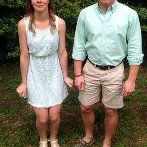 Pastel blue and white lace dress.