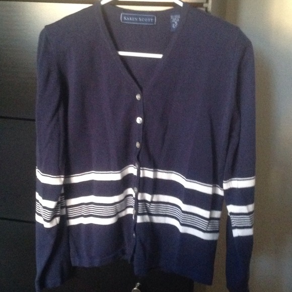 Karen Scott sweater, navy blue and white