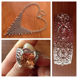 Bundle of net necklace, Chrystal bracelet and ring