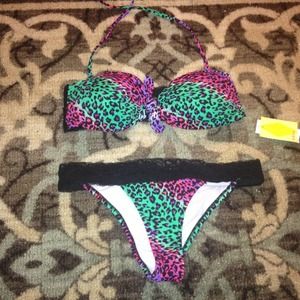 Multi - colored leopard Bathing Suit with lace