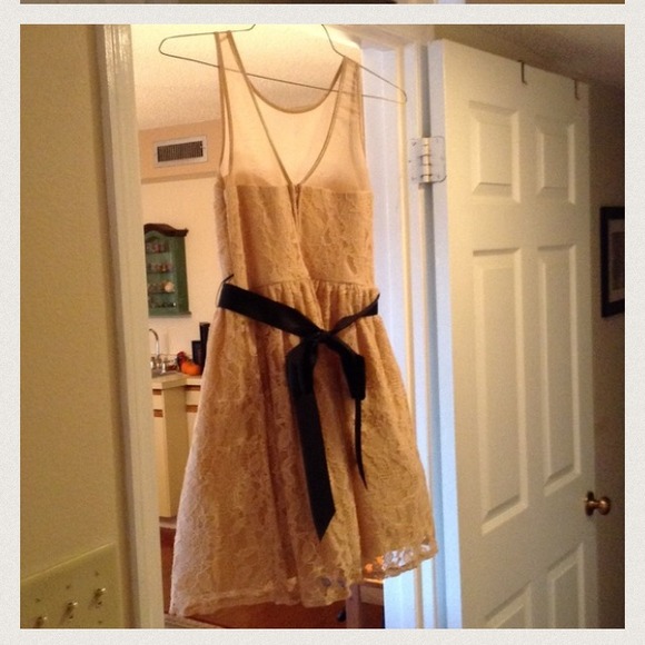light peach dress w/ black belt and pretty brooch - Picture 2 of 3