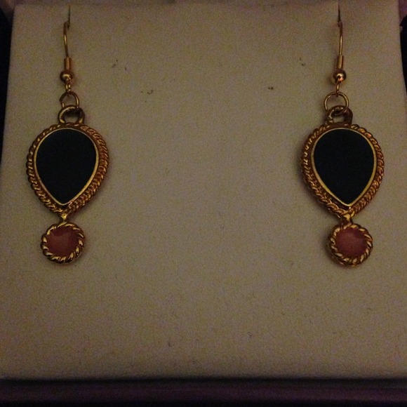 Handmade gold earrings with blue and pink coloring