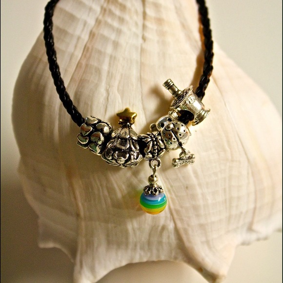 Black leather rainbow love charm bracelet.