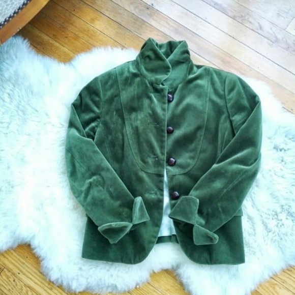 J Crew "Bella" Green Velvet Ruffle-Neck Blazer