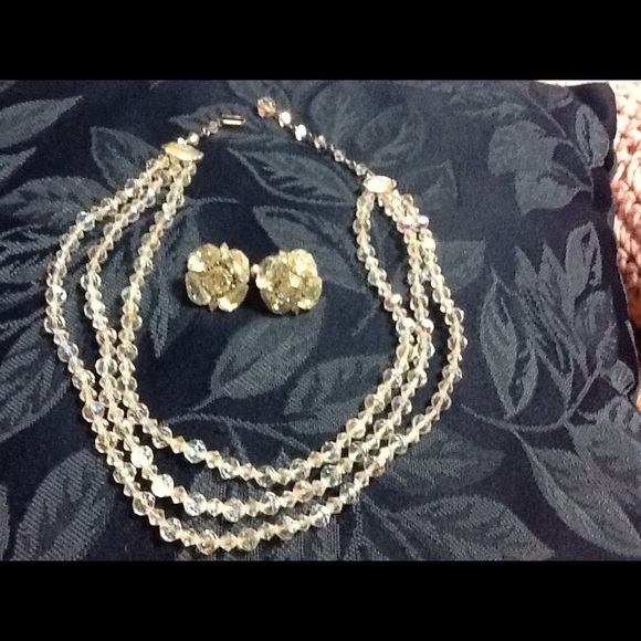 VINTAGE CRYSTAL THREE STRAND NECKLACE AND CLIP EARRING